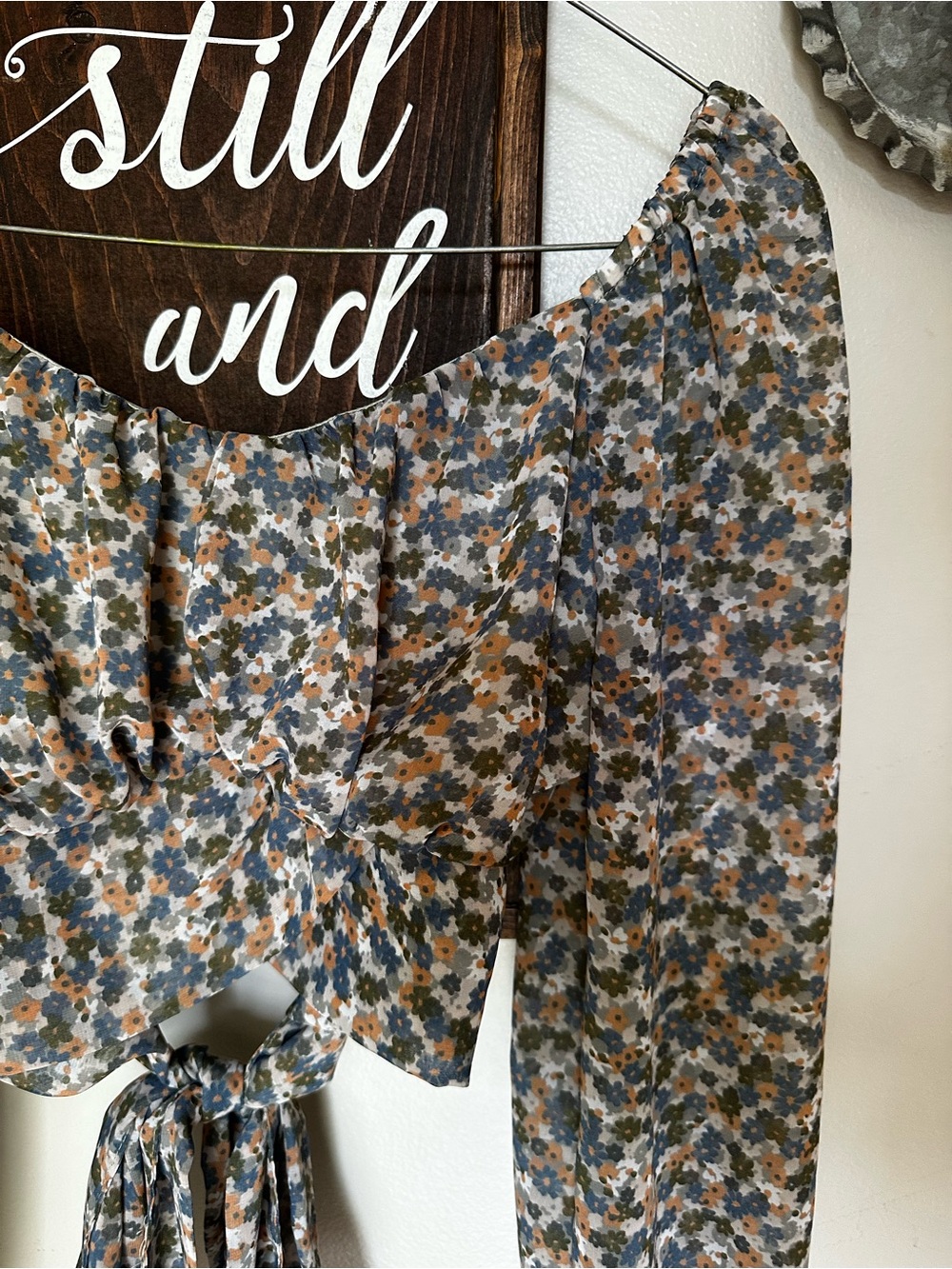 Japna Floral Tie-Front Blouse in Blue/Olive/Brown on Cream
